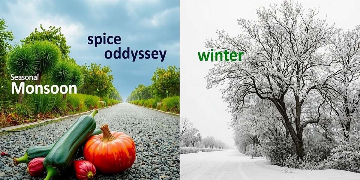 Spice Odyssey Seasonal Changes Spice Odyssey Indian Trail seasonal changes showing monsoon and winter landscapes with corresponding spices